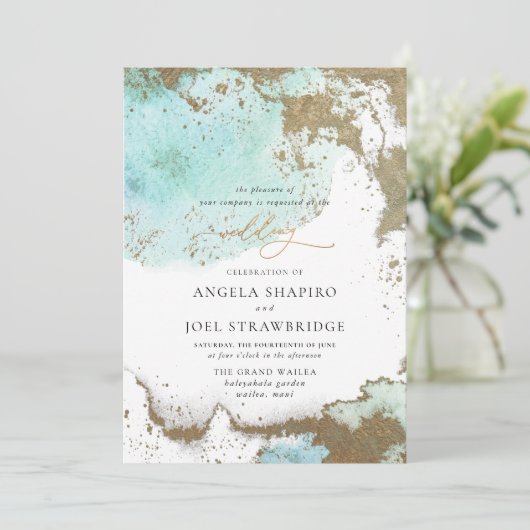 PixDezines水色抽象芸術海金ゴールドSeifoam  招待状 (スタンド正面)