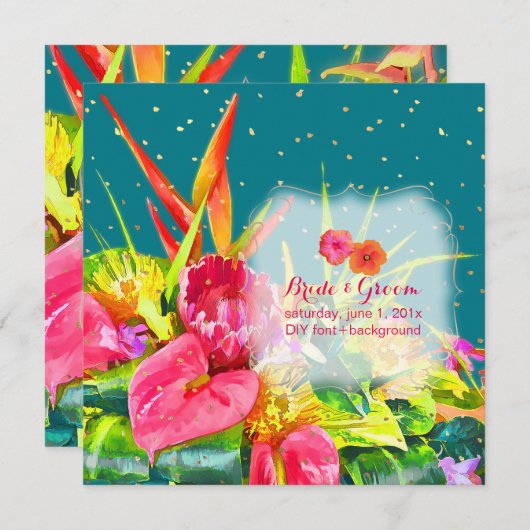 PixDezines熱帯の花/フェイク金ゴールド散布 招待状 (正面/裏面)