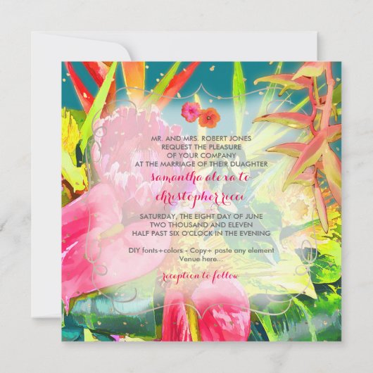 PixDezines熱帯の花/フェイク金ゴールド散布 招待状 (裏面)