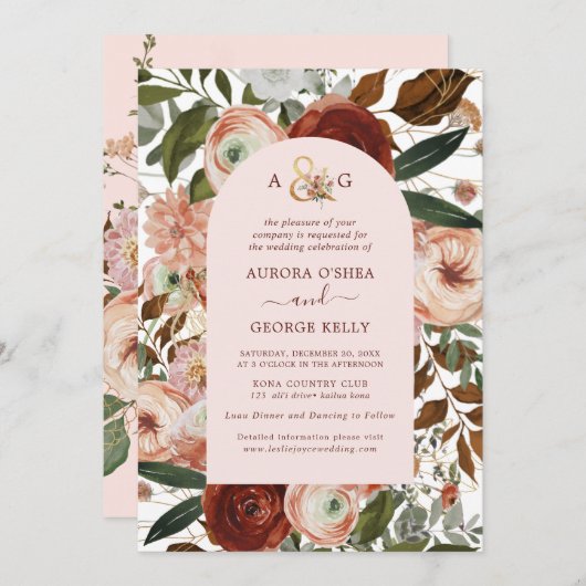 PixDezines秋の恋H2マルサラレッドフラワーインヴィ 招待状 (正面/裏面)