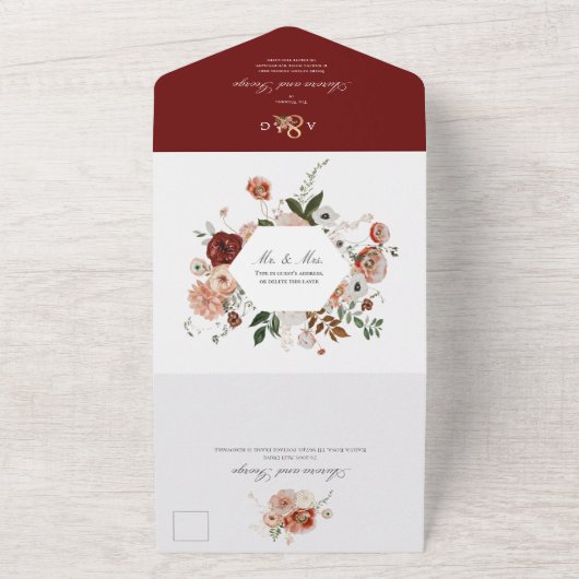 PixDezines秋の水の色の花マルサラレッド オールインワン招待状 (外側)