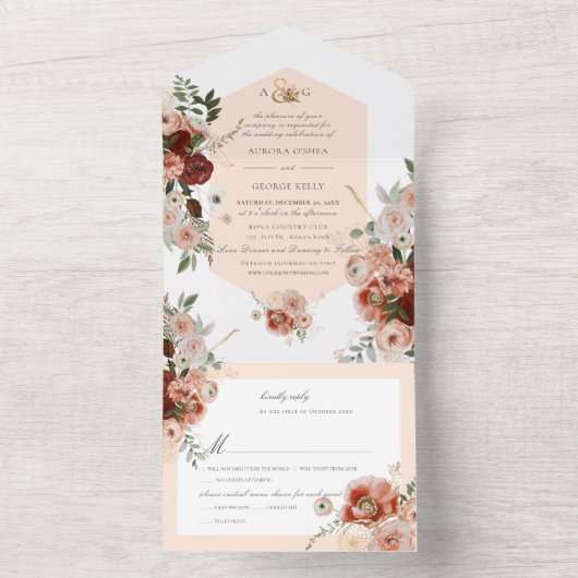 PixDezines秋の水の色の花マルサラレッド オールインワン招待状 (内側)