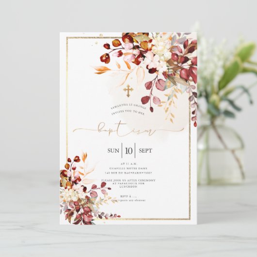 PixDezines秋の葉の水素朴色バプティスマ 招待状 (スタンド正面)