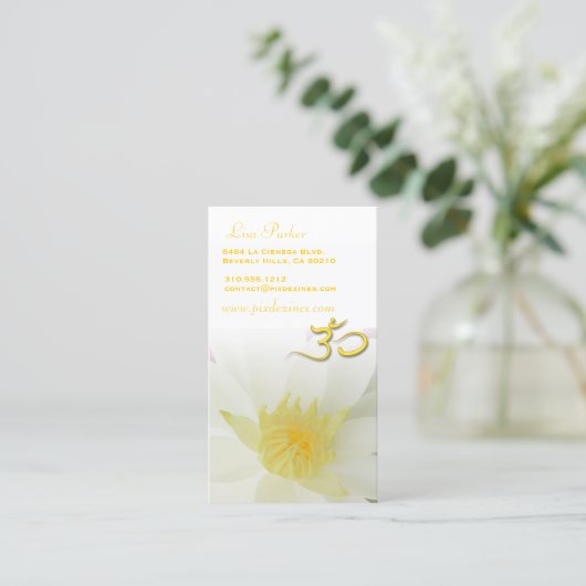 PixDezines純粋ホワイトロータス、Omヨガ、ヒーラー 名刺 (スタンド正面)