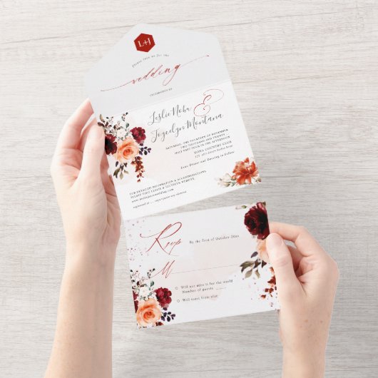 PixDezines素朴秋ブケッツH2バラ牡丹 オールインワン招待状 (貼ってはがせる)