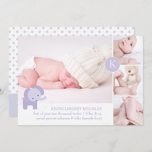 PixDezines紫色の象の写真誕生の発表 案内状 (正面/裏面)