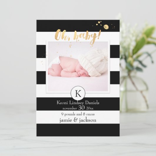 PixDezines誕生発表/b+wのストライプ 案内状 (スタンド正面)