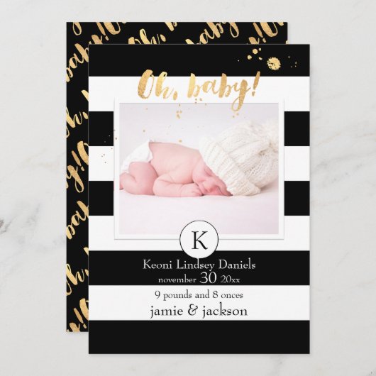 PixDezines誕生発表/b+wのストライプ 案内状 (正面/裏面)