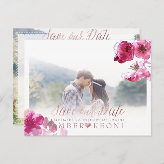 PixDezines赤いさくらんぼの花が日付を保存 案内ポストカード (正面/裏面)