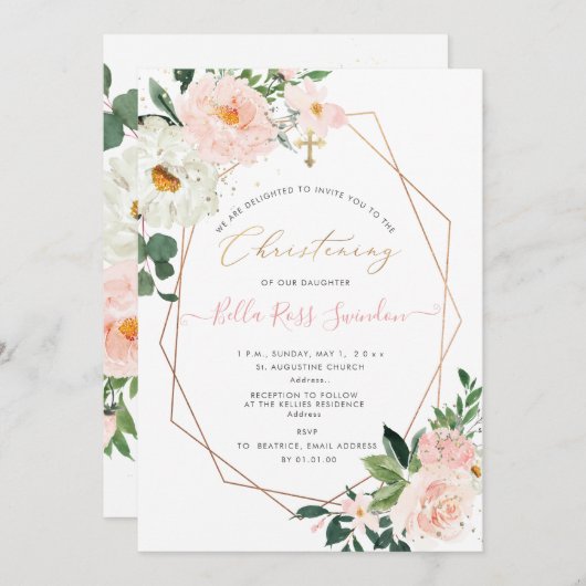 PixDezines赤面ウォーターカラーフラワー《キリスト教》洗礼式や命名式 招待状 (正面/裏面)