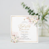 PixDezines赤面クリームバラファーストホーリーコミュニオン 招待状 (スタンド正面)