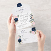 PixDezines赤面ピンクネイビーブルーウォーターカラーフラックス オールインワン招待状 (貼ってはがせる)