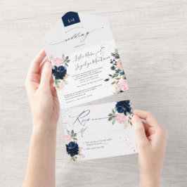 PixDezines赤面ピンクネイビーブルーウォーターカラーフラックス オールインワン招待状