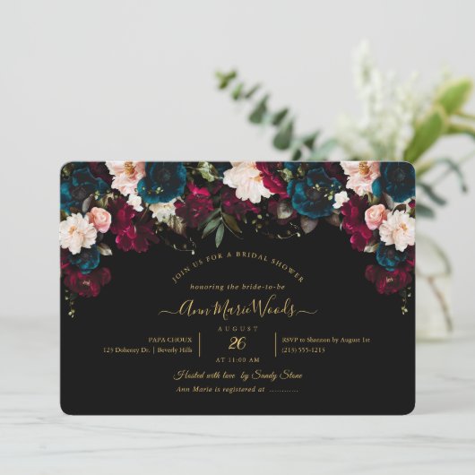 PixDezines赤面ブルゴーニュティール(緑がかった色)ブライダルシャワーInvite 招待状 (スタンド正面)