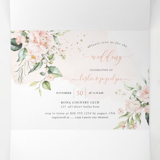 PixDezines赤面素朴バラ+SweetPeas 三つ折り招待状 (内部中)