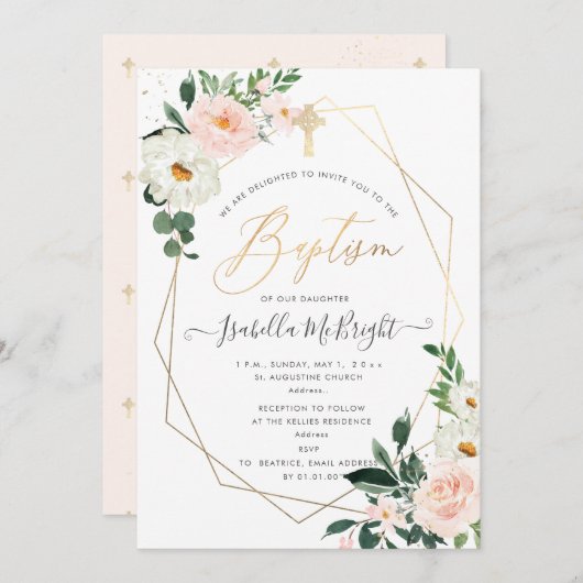 PixDezines赤面Pink Watercolor Flowers Baptism 招待状 (正面/裏面)