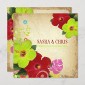 PixDezines赤+緑のハイビスカス+モンステラ 招待状 (正面/裏面)