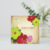 PixDezines赤+緑のハイビスカス+モンステラ 招待状 (スタンド正面)