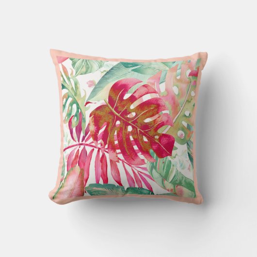 PixDezines赤+緑の熱帯の葉のフレームDIY クッション (正面)
