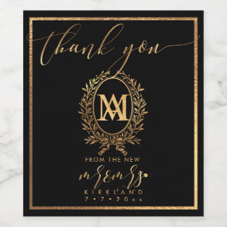 PixDezines金ゴールドフェイクモノグラム+ローレルリース ワインラベル