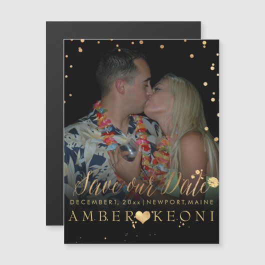 PixDezines金ゴールド紙吹雪/フェイクハート/日付救 マグネット招待状 (正面/裏面)