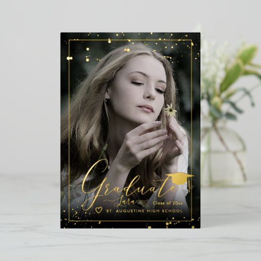 PixDezines金実在箔書道の卒業 箔招待状 (立ち正面)