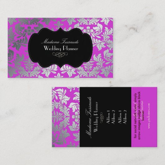 PixDezines銀バロフェイクーク・ダマスク・マゼンタ 名刺 (正面/裏面)