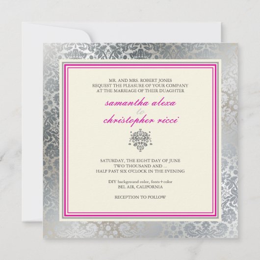 PixDezines銀フェイクデザイアダマスク/DIY色 招待状 (裏面)