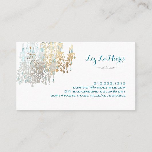 PixDezines銀フェイク箔シャンデリア+ティール（緑がかった色） 名刺 (裏面)