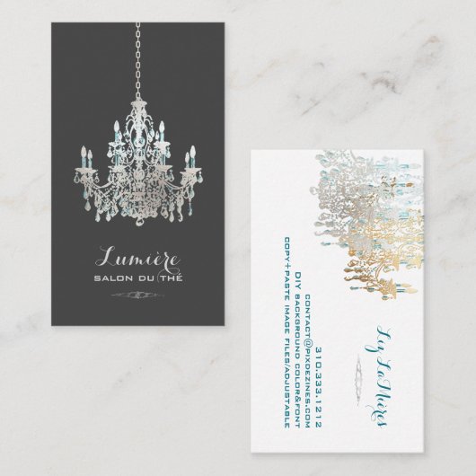 PixDezines銀フェイク箔シャンデリア+ティール(緑がかった色) 名刺 (正面/裏面)