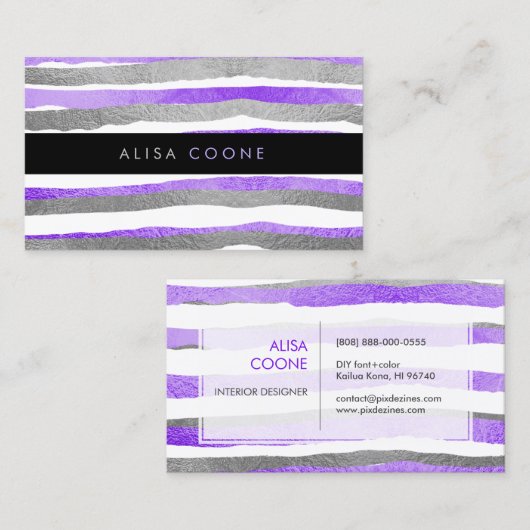 PixDezines銀フェイク+紫の箔のストライプ 名刺 (正面/裏面)