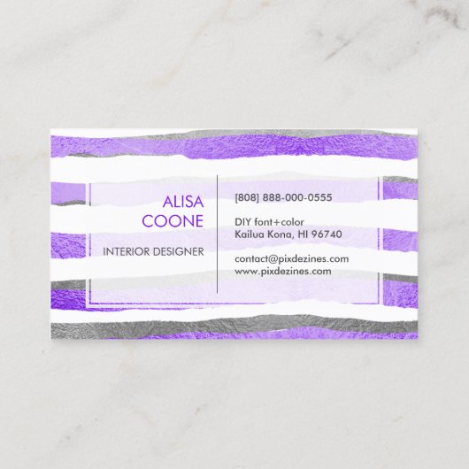 PixDezines銀フェイク+紫の箔のストライプ 名刺 (裏面)