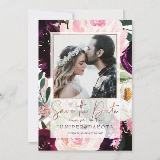 PixDezines開花素朴赤面ピンクブルゴーニュ花 招待状 (正面)