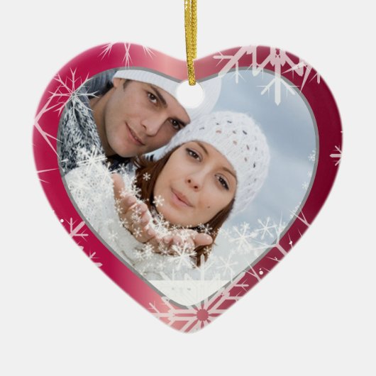 PixDezines雪片写真テンプレート白+赤 セラミックオーナメント (正面)