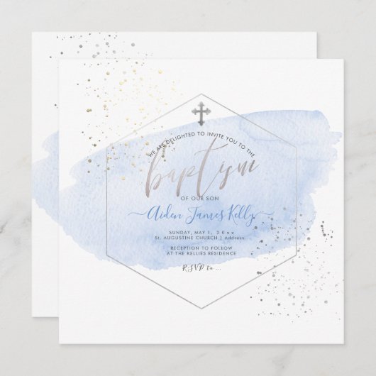 PixDezines青の水彩+ハニカムバプティスマス 招待状 (正面/裏面)