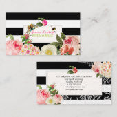 PixDezines黒色のプリストライプムローズ、牡丹 名刺 (正面/裏面)