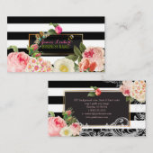 PixDezines黒色のプリストライプムローズ、牡丹 名刺 (正面/裏面)