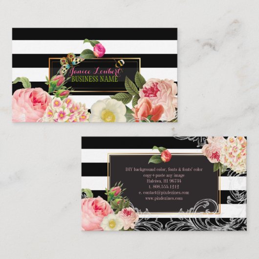 PixDezines黒色のプリストライプムローズ、牡丹 名刺 (正面/裏面)