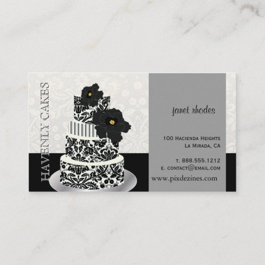 PixDezines黒+ホワイトダマスクケーキ/パティシセリ 名刺 (裏面)