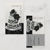 PixDezines黒+ホワイトダマスクケーキ/パティシセリ 名刺 (正面/裏面)