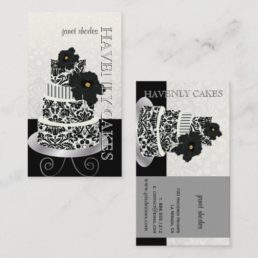 PixDezines黒+ホワイトダマスクケーキ/パティシセリ 名刺 (正面/裏面)