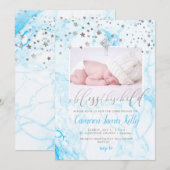 PixDezines この子を祝福して 偽のシルバー+大理石 招待状 (正面/裏面)