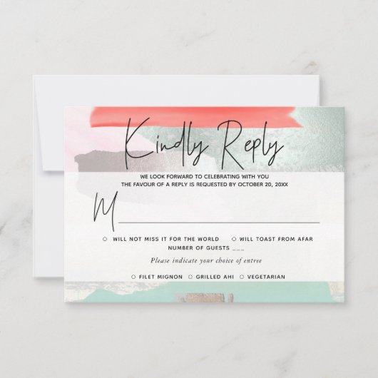 PixDezines ご返信カード（食事選択付）モダンアート ミントコーラル 出欠カード (正面)