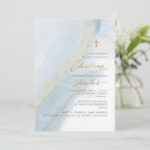 PixDezines アルコール+インク ダスティーブルー ゴールド 誕生式 招待状 (スタンド正面)