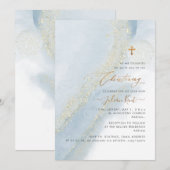 PixDezines アルコール+インク ダスティーブルー ゴールド 誕生式 招待状 (正面/裏面)