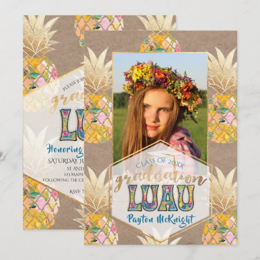 PixDezines アロハパイナップル 卒業パーティ 招待状 (正面/裏面)