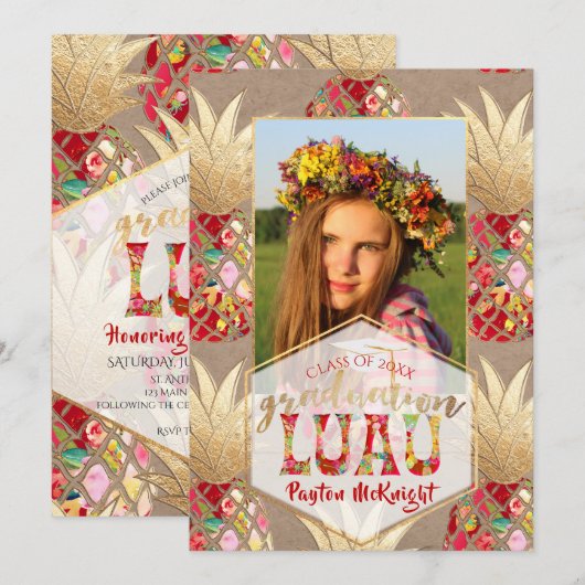 PixDezines アロハパイナップル 卒業パーティ 招待状 (正面/裏面)