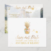 PixDezines アロハ パイナップル/ブルー/セーブ・ザ・デート 案内ポストカード (正面/裏面)
