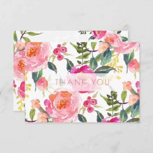 PixDezines ウェディングシャワーのための水彩の夏の芍薬 サンキューカード (正面/裏面)