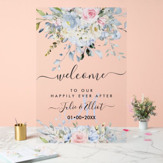 PixDezines エレガントなピンクと青の花 アクリルサイン (ウェディング)